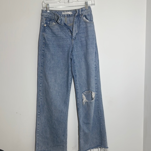 Garage Blue Wide Leg Flare Jeans with Frayed Hem - Picture 3 of 4